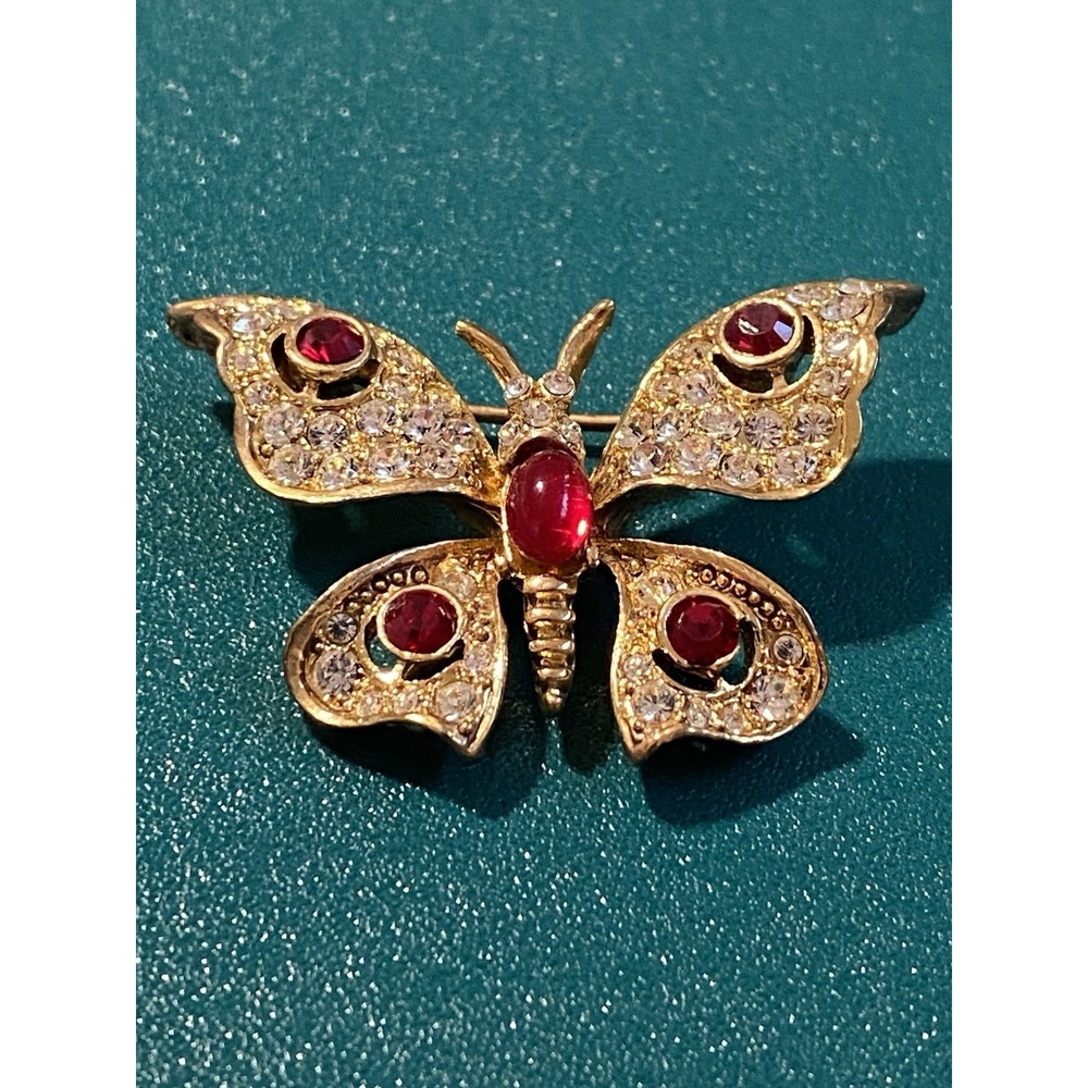 Vintage 1995 Signed LIA Designer Butterfuly Brooch w Red Cabochon Rhinestones